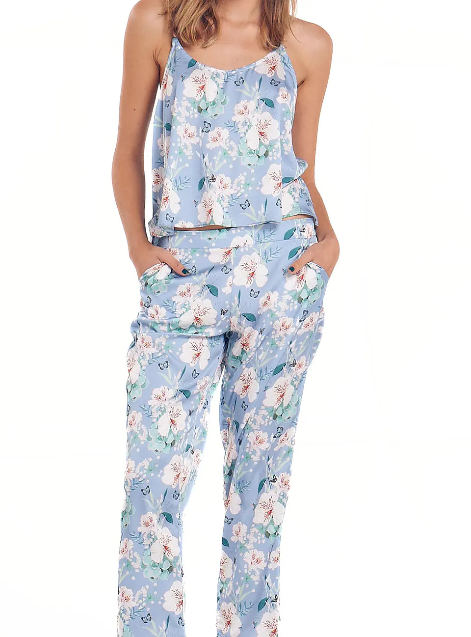 Pijama Fiji Flores Celeste Top/Pantalón 1
