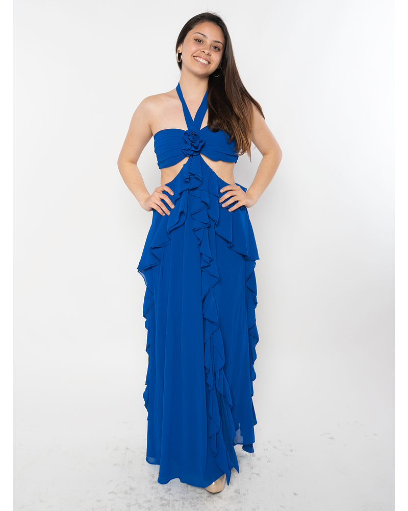 Vestido de Gala con Gasa Halter Noche Día azul