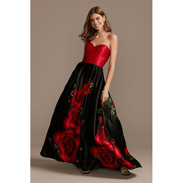 Vestido de Fiesta Gala Noche Strapless Negro Rojo 1