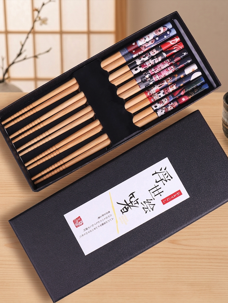 Palillos japoneses Ukiyo-e de bambú - Edición Neko 1