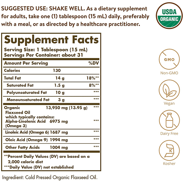 Organic Flaxseed Aceite Omega 3 Linaza Organico 473ml Solgar