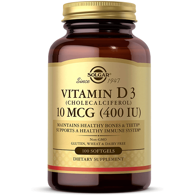 Vitamina D3 Colecalciferol 400iu Solgar Huesos Dientes Sanos 100 cap