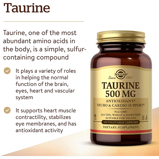 Taurina 500 Mg Aminoacido 100 Capsulas Veganas Solgar