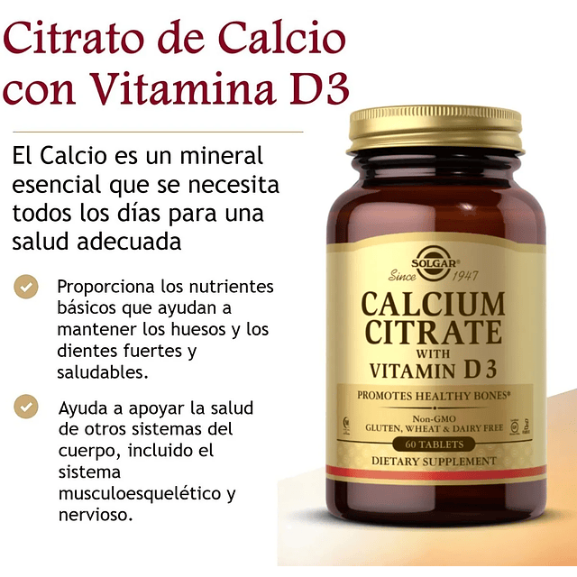 Citrato Calcio Con Vitamina D3 Sin Gluten 60 Tab Solgar Usa