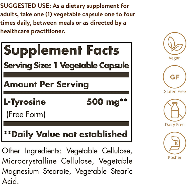 L Tyrosina 500 Mg Aminoacido 50 Capsulas Vegetales Solgar