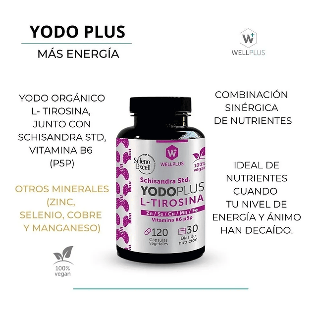 Yodo Plus L Tirosina Wellplus 120 Capsulas Vitamina B6 Vegan