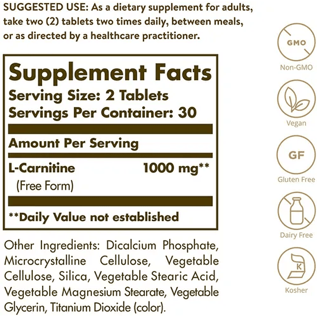 L Carninitina 500 Mg 60 Tabletas Solgar Energia Metabolismo