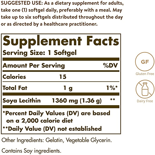 Lecitina De Soya 1360 Mg Solgar 100 Capsulas Sin Gluten