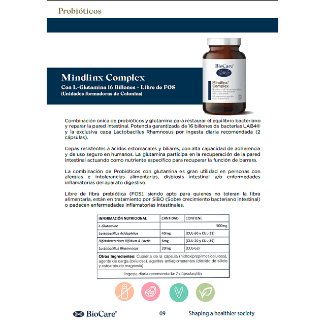 Biocare Mindlinx Probiotico Glutamina Alergia Alimentaria