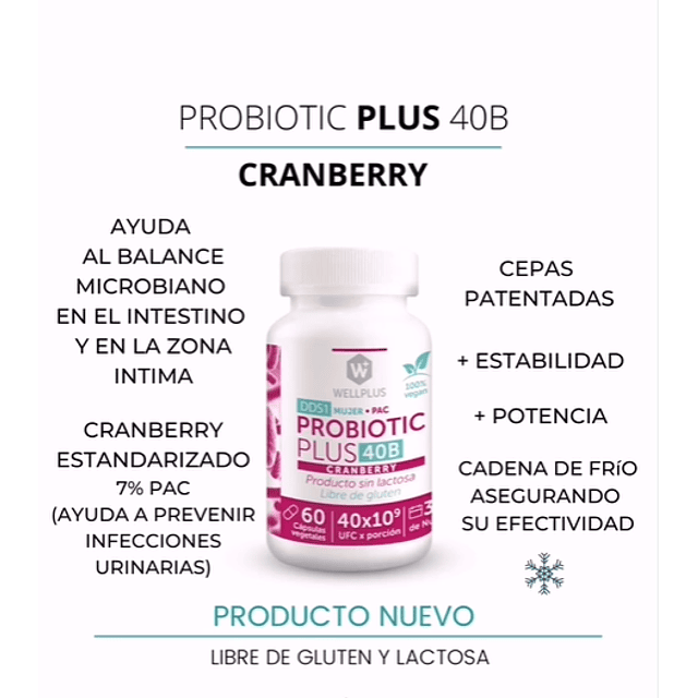 Wellplus Probiotico 40b Cranberry 120 Infecciones Urinarias