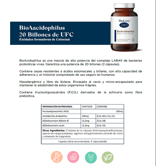 Biocare Bioacidophilus 20 Billones 120 Un Probiotico Premium