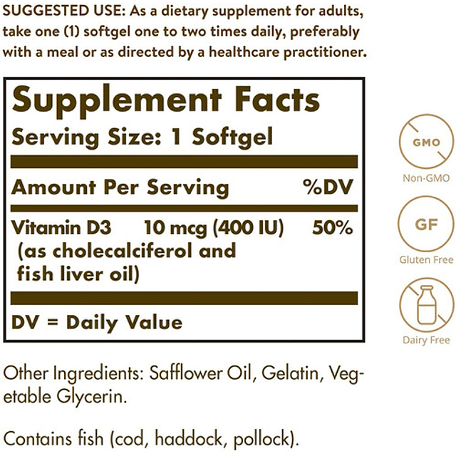 Vitamina D3 Colecalciferol 400iu Solgar Huesos Dientes 250c