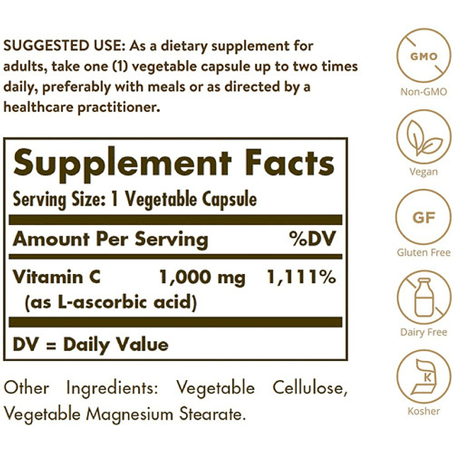 Vitamina C 1000 Mg Solgar Vegan Sin Gluten Usa 250 Caps Soft