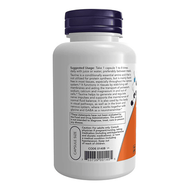 Taurina 500 Mg Now Aminoacido Neurotransmisor 100 Caps Usa