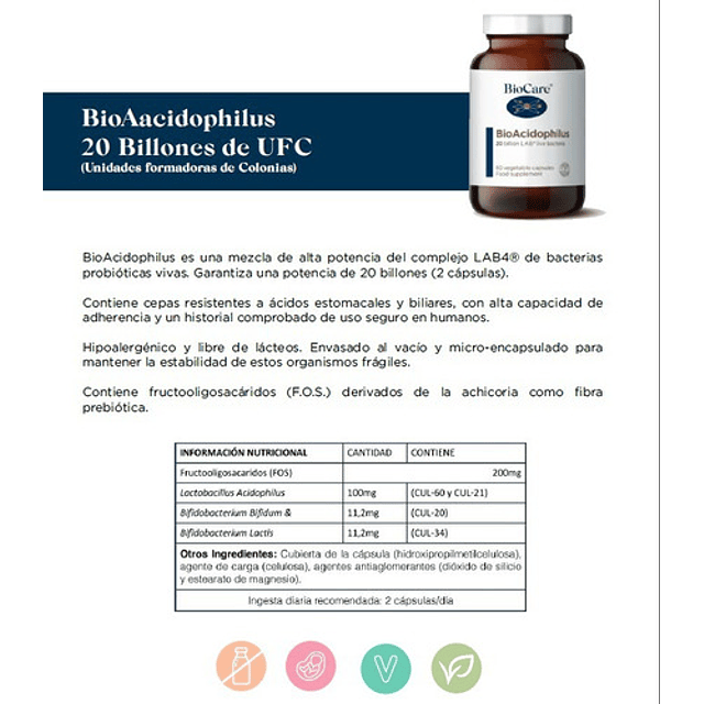 Biocare Bioacidophilus 20 Billones 60 Cap Probiotico Premium