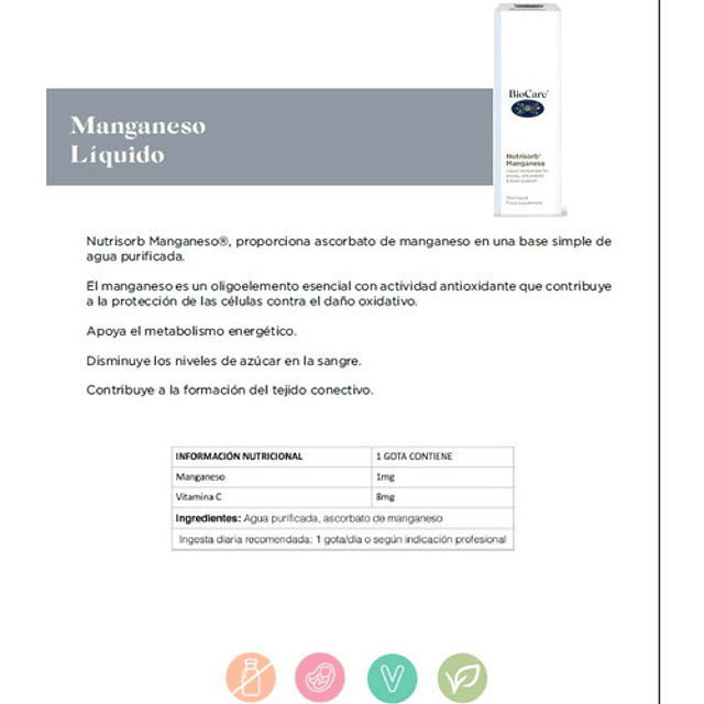 Biocare Nutrisorb Manganeso Liquido Nivel Azucar Antioxidant