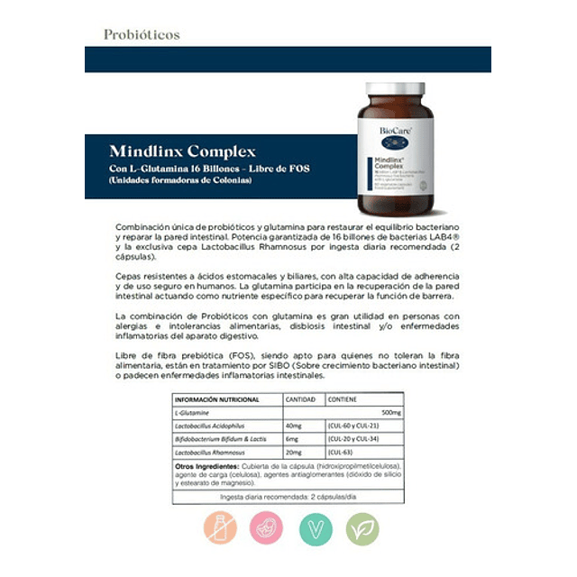 Biocare Mindlinx Probiotic Glutamina Alergia Alimentaria Cap