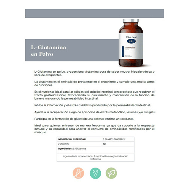Biocare L Glutamina En Polvo 200gr Permeabilidad Intestinal 