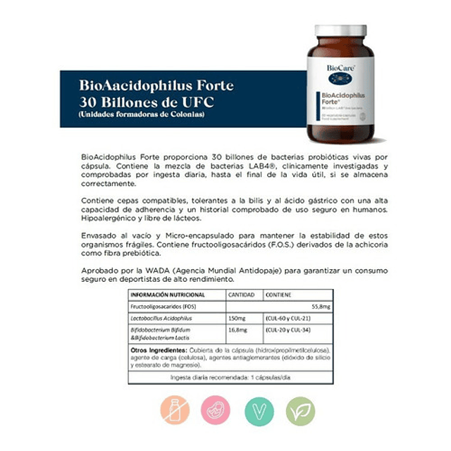 Biocare Bioacidophilus Forte 30 Billones 30 Caps Probiotico