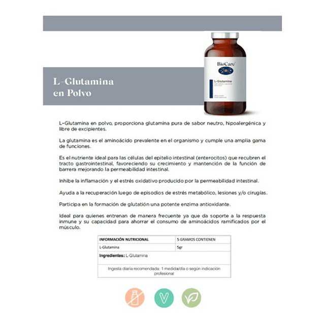 Biocare - L-glutamina En Polvo 200gr Sabor Sin Sabor