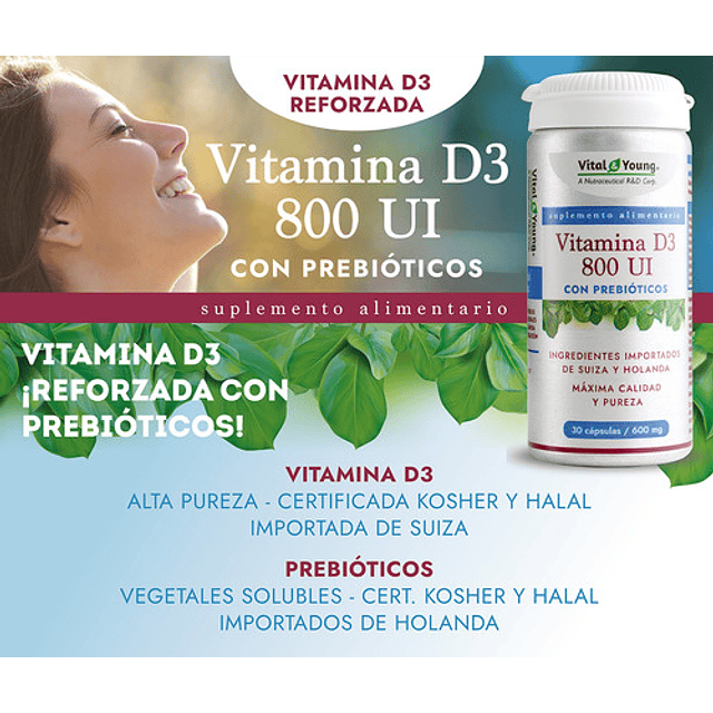 Vitamina D3 800 Ui Colecalciferol + Prebioticos Sin Sabor