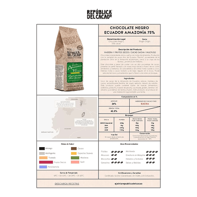 Republica Del Cacao Granos Ecuador Amazonia 75% 2.5 Kg