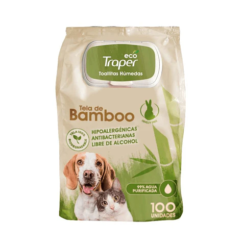 Toallitas Humedas Tela de Bamboo para Mascotas 100un Traper