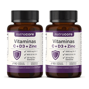 Vitaminas C + D3 + Zinc - Pack De 2x90 Caps Veg | Nutracore
