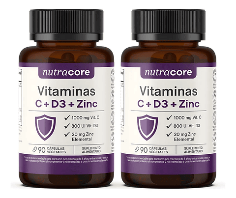 Vitaminas C + D3 + Zinc - Pack De 2x90 Caps Veg | Nutracore