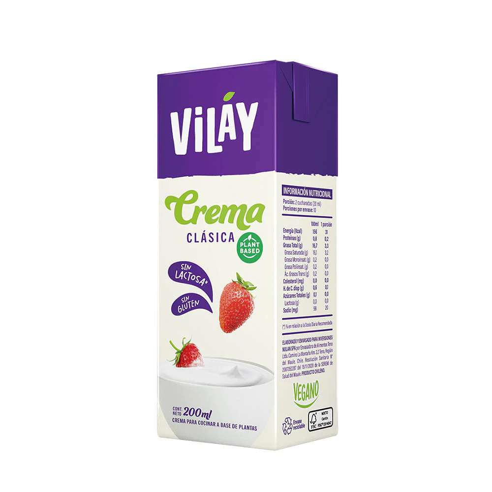 Crema Vegetal Alternativa Sin Lactosa Clasica 200ml Vilay 3