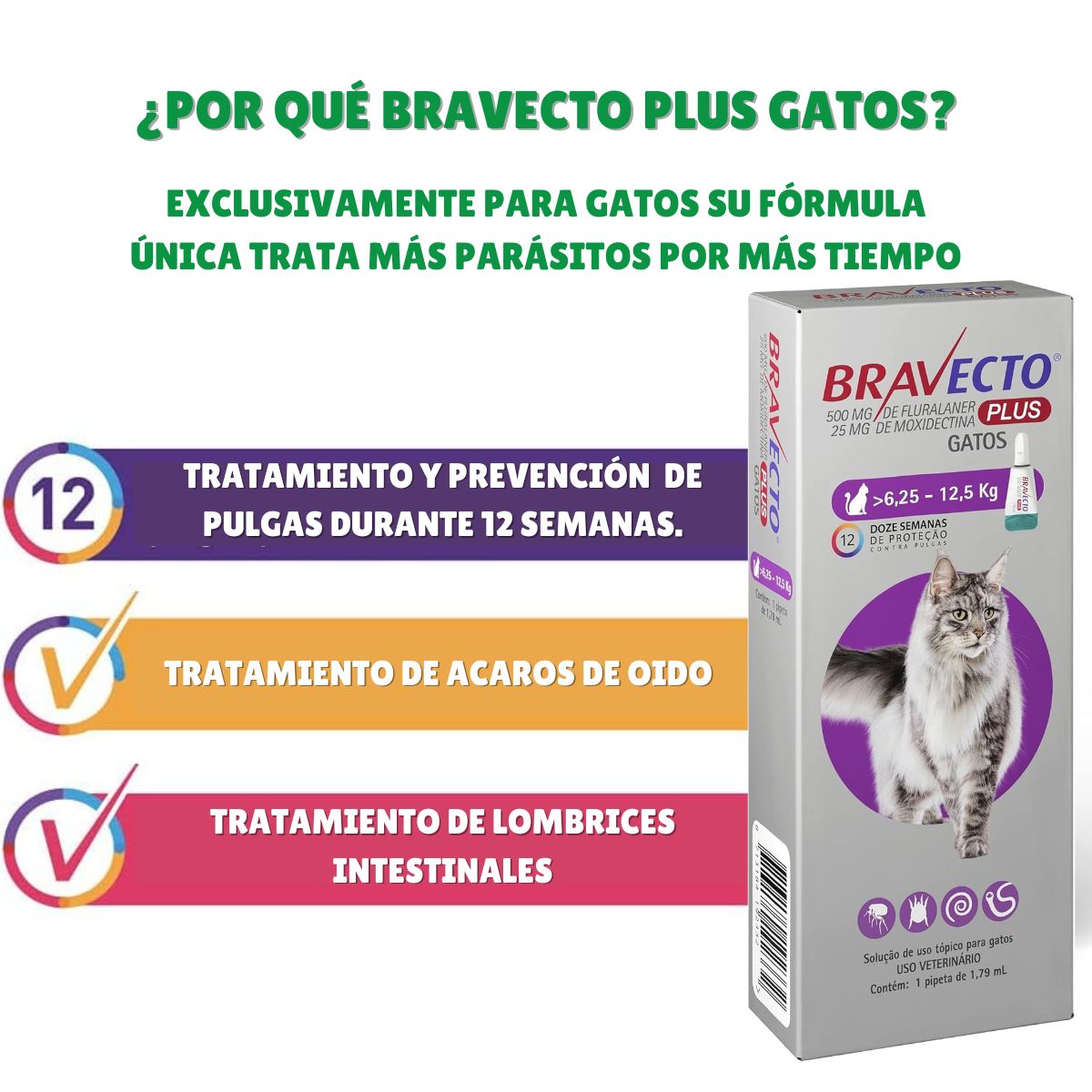 Bravecto Plus Gatos de 6.25 a 12.5kg Antiparasitario Pipeta 1.79ml 5