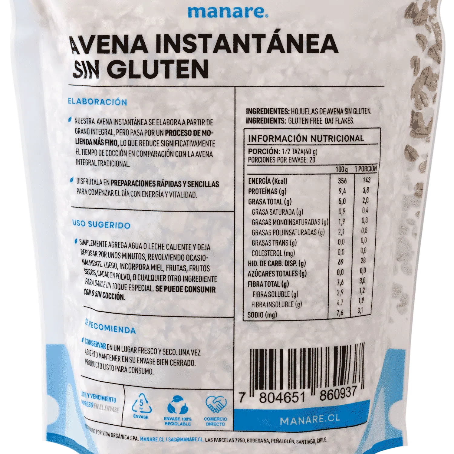 Avena Sin Gluten Instantanea 800g Manare 2