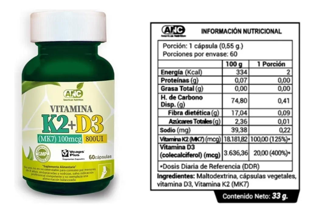 Vitamina K2 + D3 (mk7) 100mcg 800 Ui 60 Capsulas ANC 2