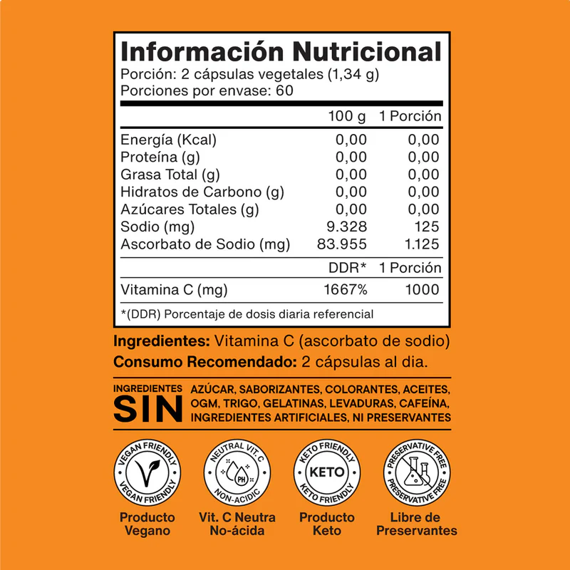 Vitamina C 1000 mg No-Ácida Pure - 120 Cápsulas vegetales | NutraCore 3