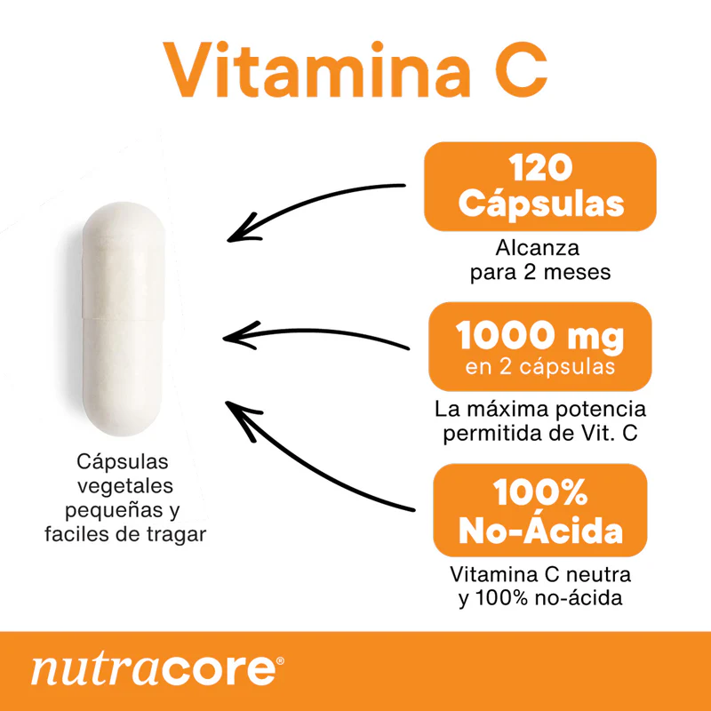 Vitamina C 1000 mg No-Ácida Pure - 120 Cápsulas vegetales | NutraCore 2