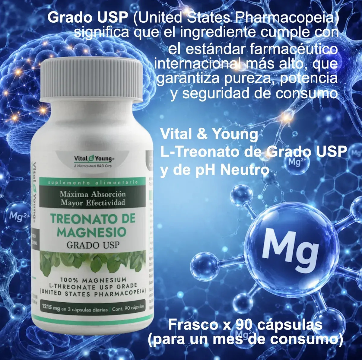 Treonato De Magnesio Grado USP 1.215Mg 90Caps Vital & Young  3