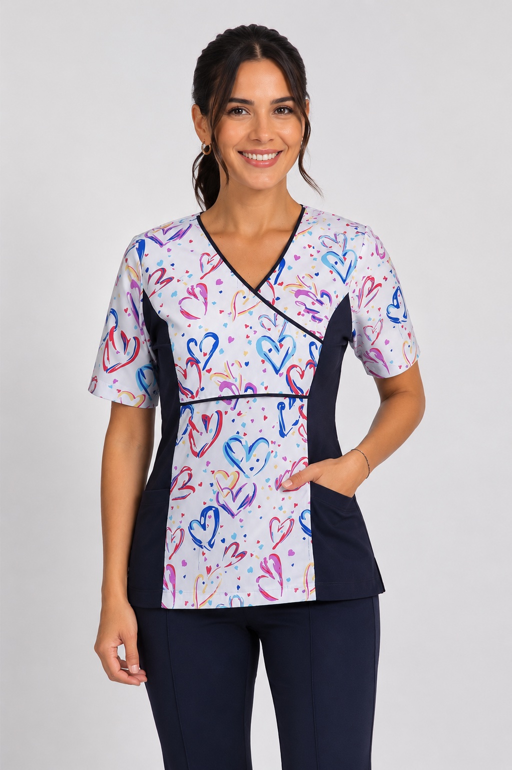 Uniforme Clinico Delantal Petunia Spandex Azul Marino Corazones 2