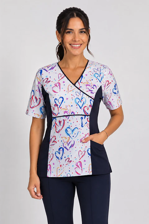 Uniforme Clinico Delantal Petunia Spandex Azul Marino Corazones