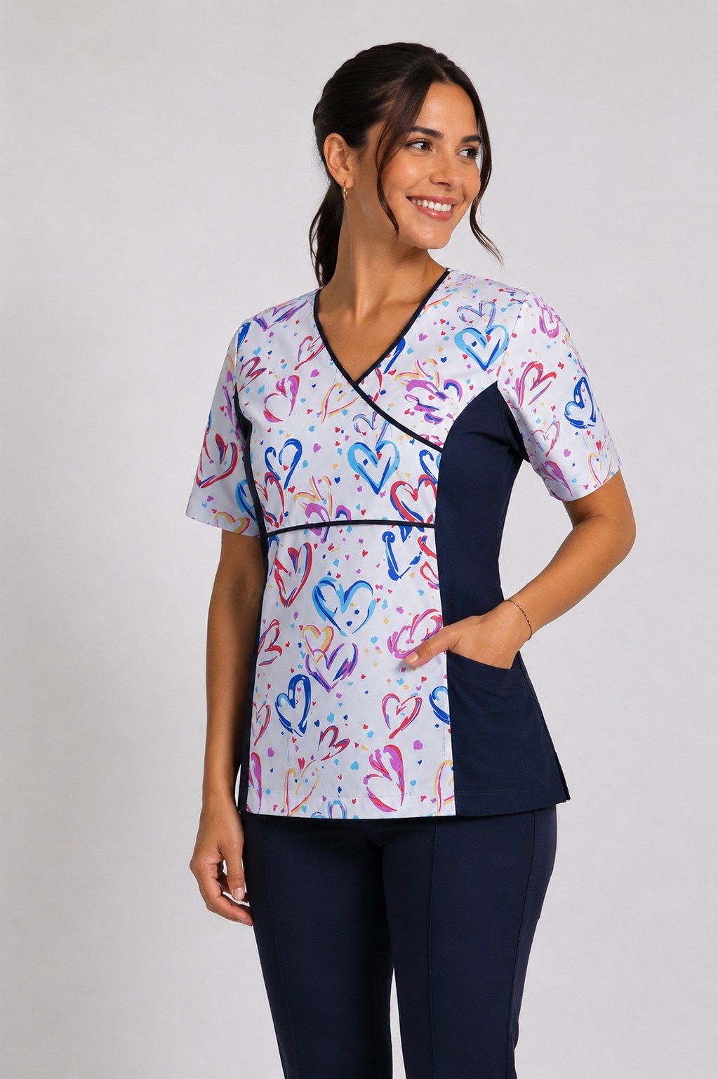 Uniforme Clinico Delantal Petunia Spandex Azul Marino Corazones 1