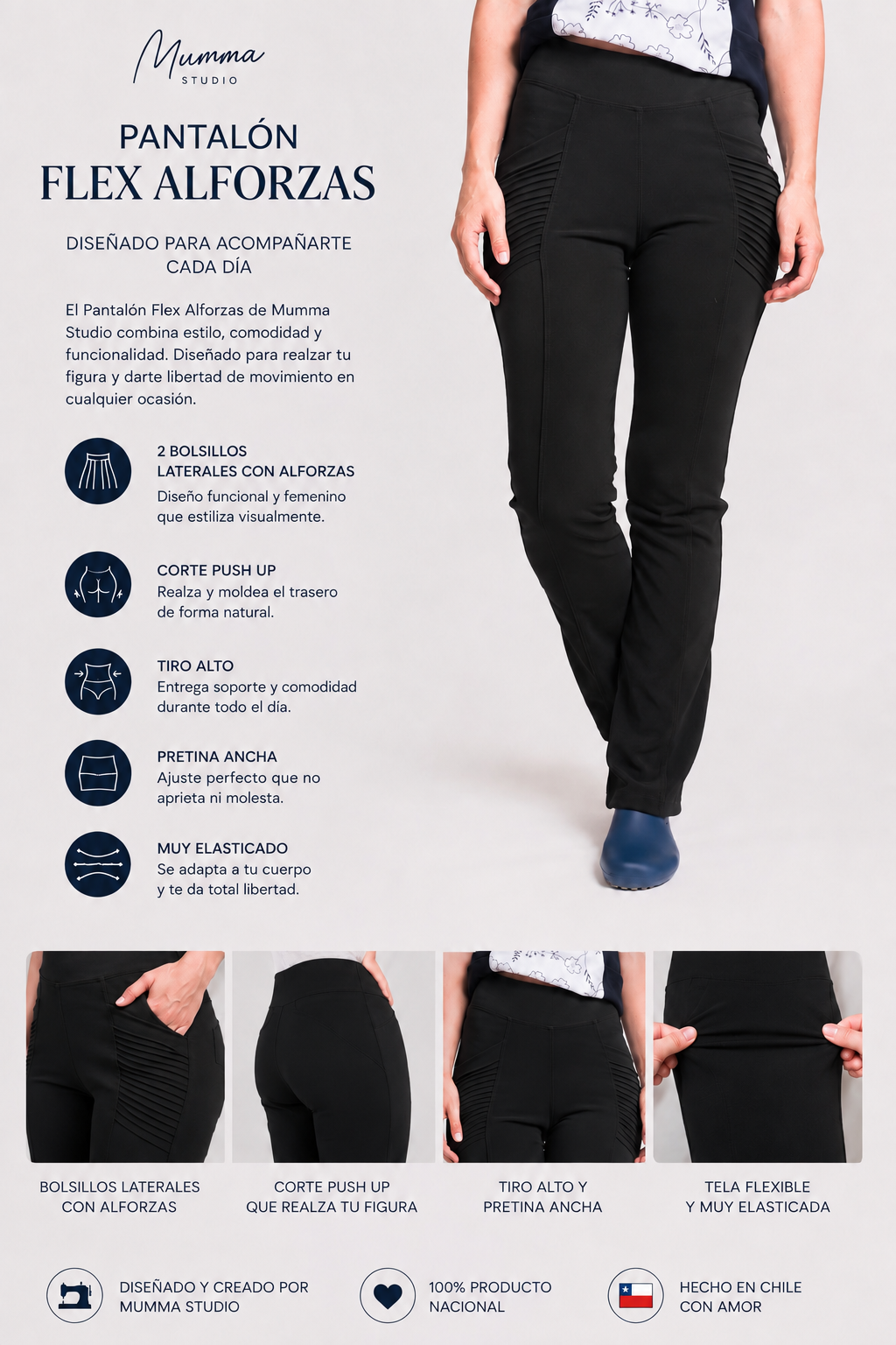 Uniforme Clínico Pantalón Mujer Flex Alforza Spandex Negro 2