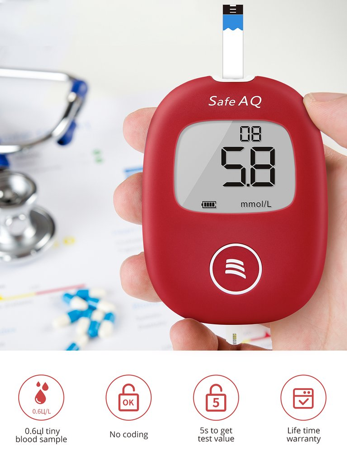 Glucómetro SINOCARE Safe AQ (Rojo) 1