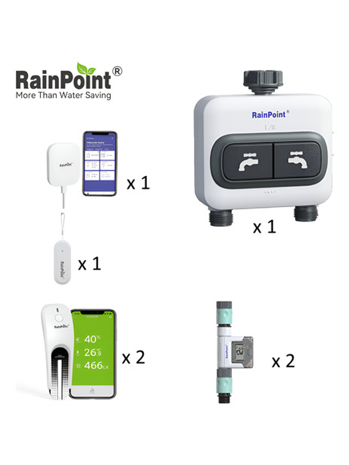 Kit de Riego Rainpoint de 2 Zonas con Sensores y Hub WiFi 1
