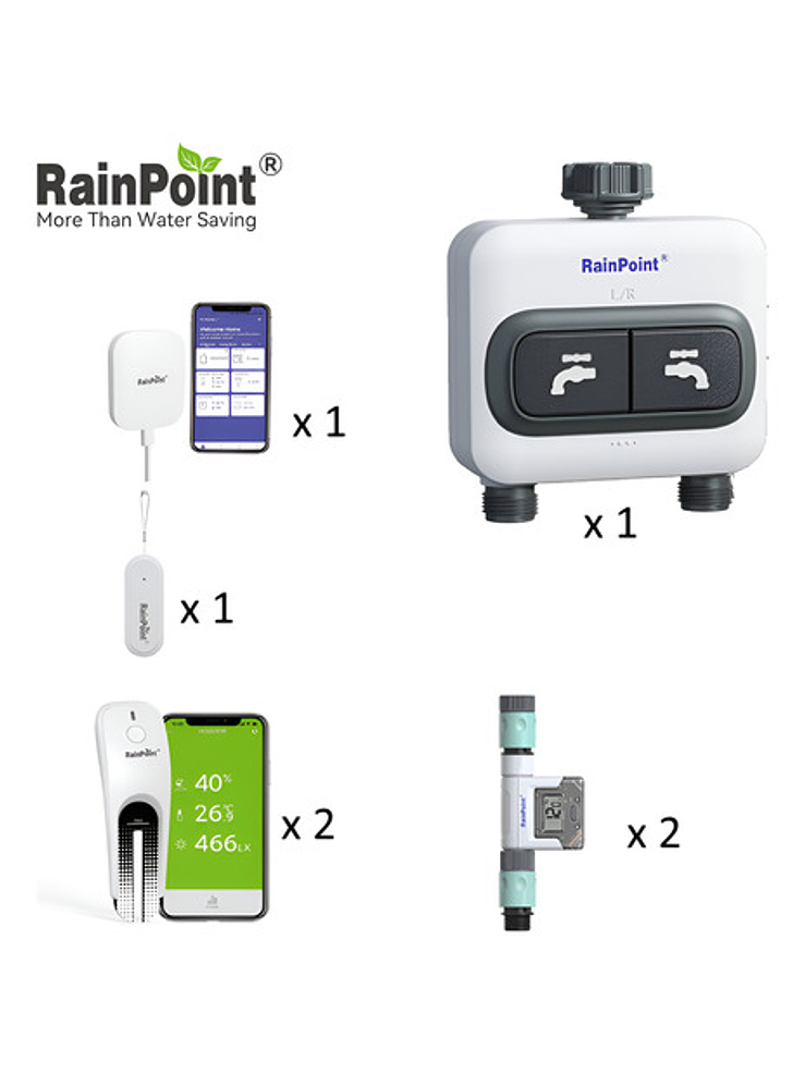 Kit de Riego Rainpoint de 2 Zonas con Sensores y Hub WiFi 1