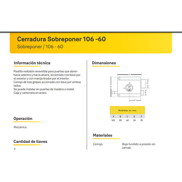CERRADURA YALE 106-60 DERECHA  0003042 3