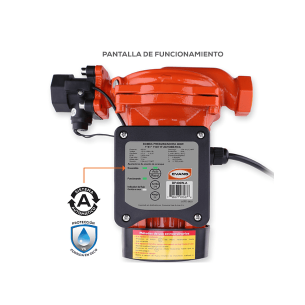 ELECTROBOMBA EVANS PRESURIZADA AUTOMATICA 400W 0.54HP 3450RPM 110V BP400W-A 3