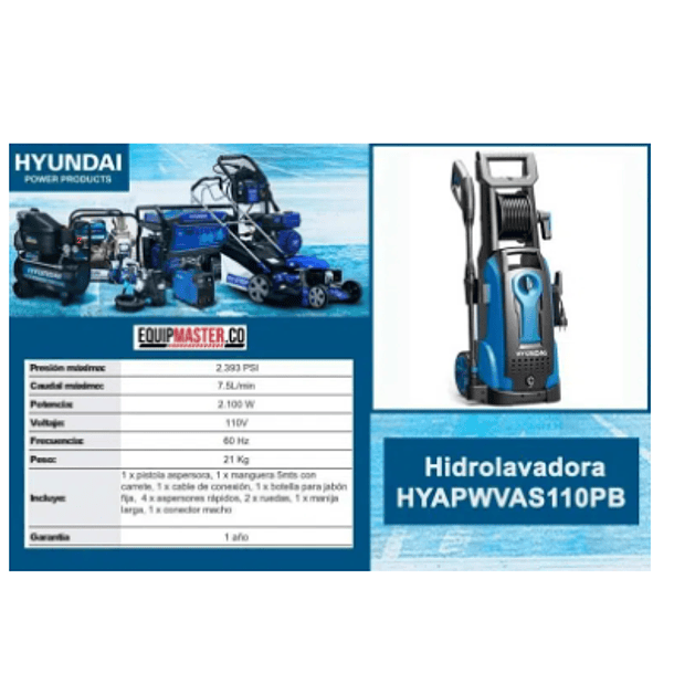 HIDROLAVADORA HYUNDAI 1595PSI 2100WTS 110V HYAPWVAS110PV 2