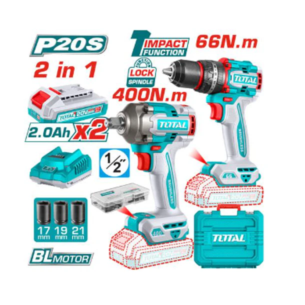 COMBO TALADRO INAL TOTAL 1/2 + PISTOLA IMPACTO TOTAL 1/2 20V 4000NM + 2 BATERIAS 2.0AH + CARGADOR +ACCESORIOS UTCKLI20275