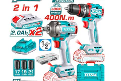 COMBO TALADRO INAL TOTAL 1/2 + PISTOLA IMPACTO TOTAL 1/2 20V 4000NM + 2 BATERIAS 2.0AH + CARGADOR +ACCESORIOS UTCKLI20275