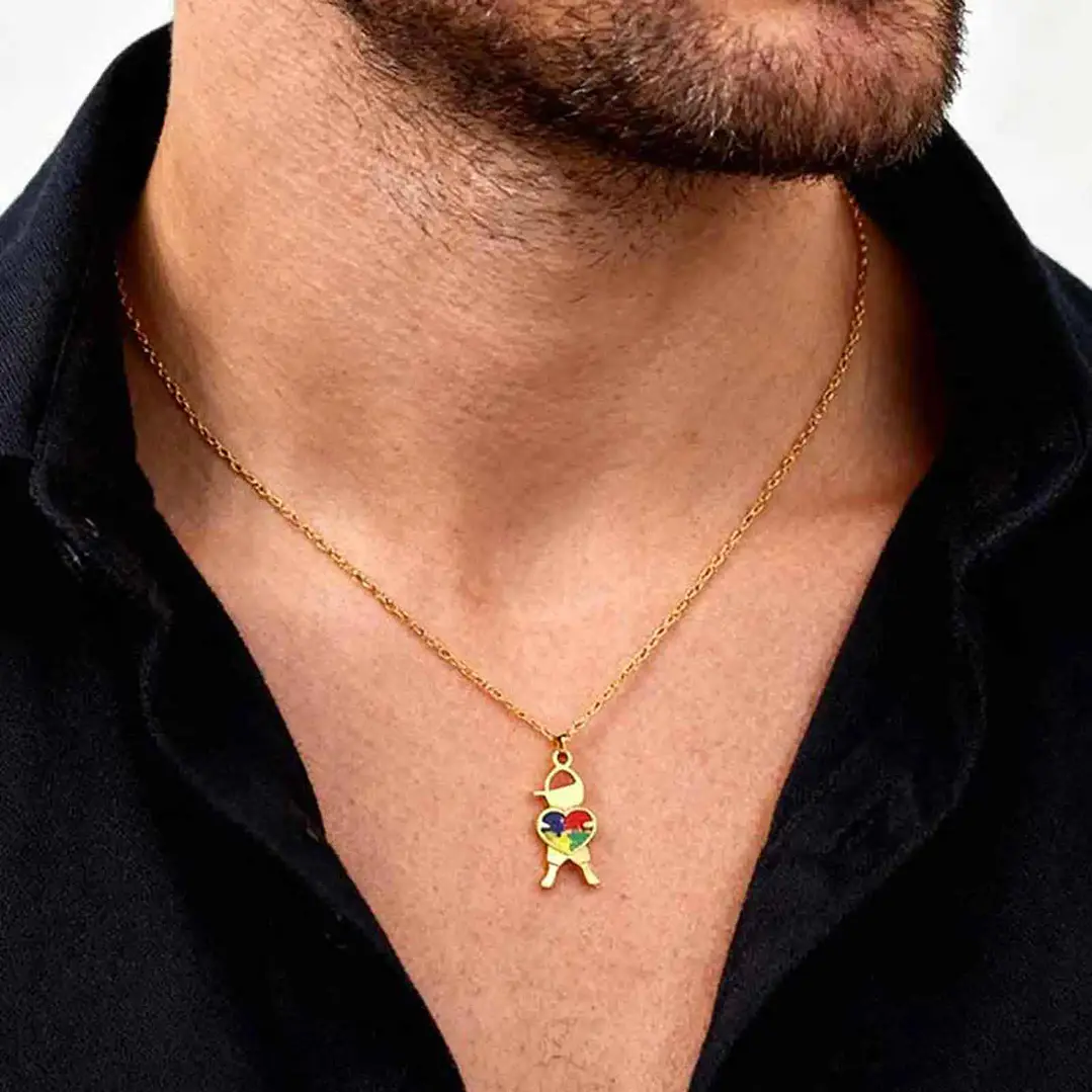 Colar Consciencialização | Menino com Puzzle | Aço Inoxidável Hipoalergênico Dourado 4