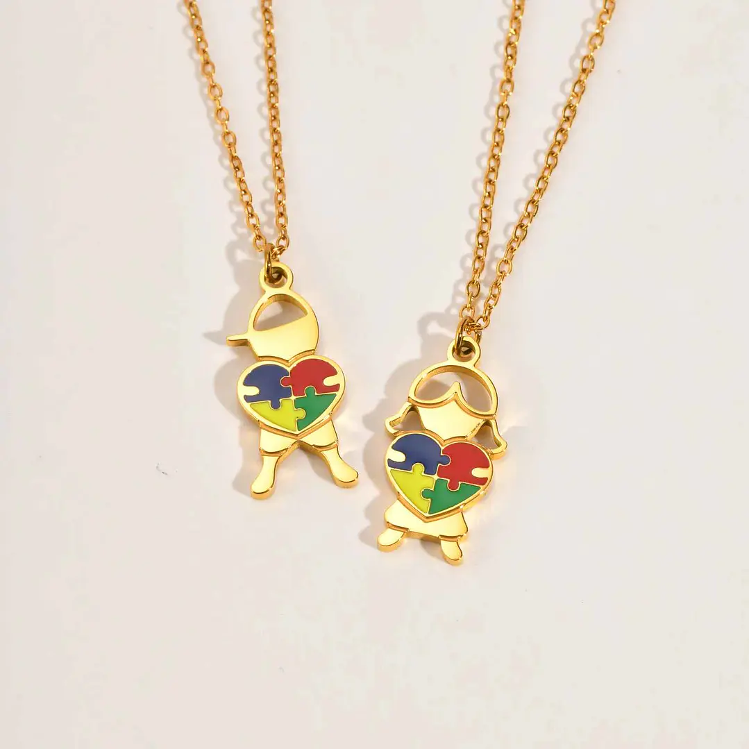 Colar Consciencialização | Menino com Puzzle | Aço Inoxidável Hipoalergênico Dourado 5